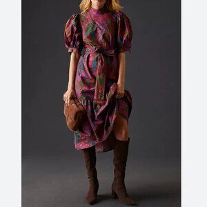 FARM Rio Multicolor Paisley Puff-Sleeve Midi Dress